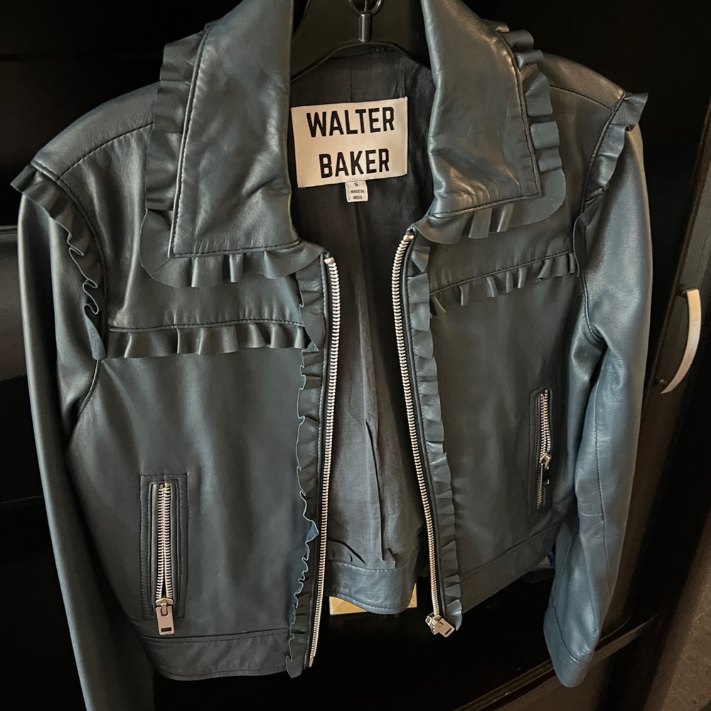Walter Baker Women's Black Leather Jacket with Ruffle Detail